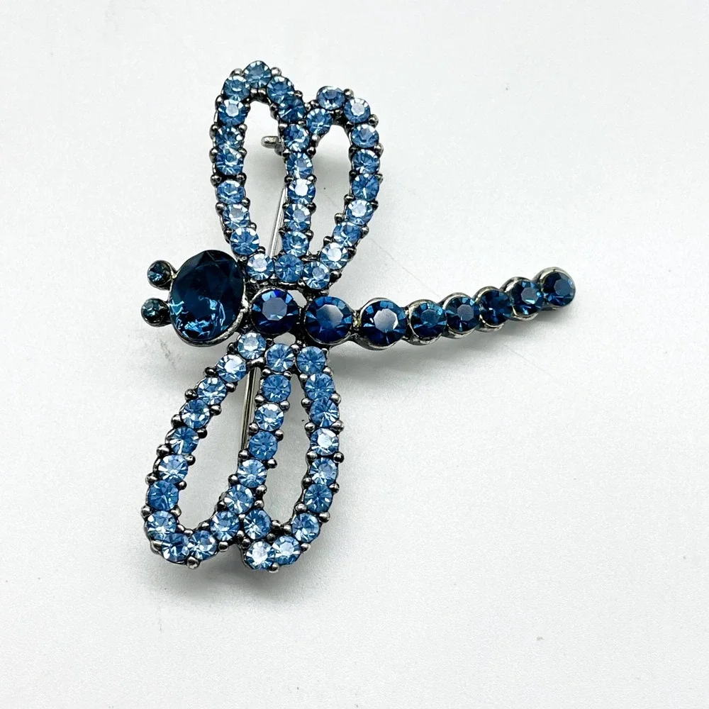 Blue Rhinestone Dragonfly Brooch Silver Tone Insect Pin Bug - Picture 4 of 6